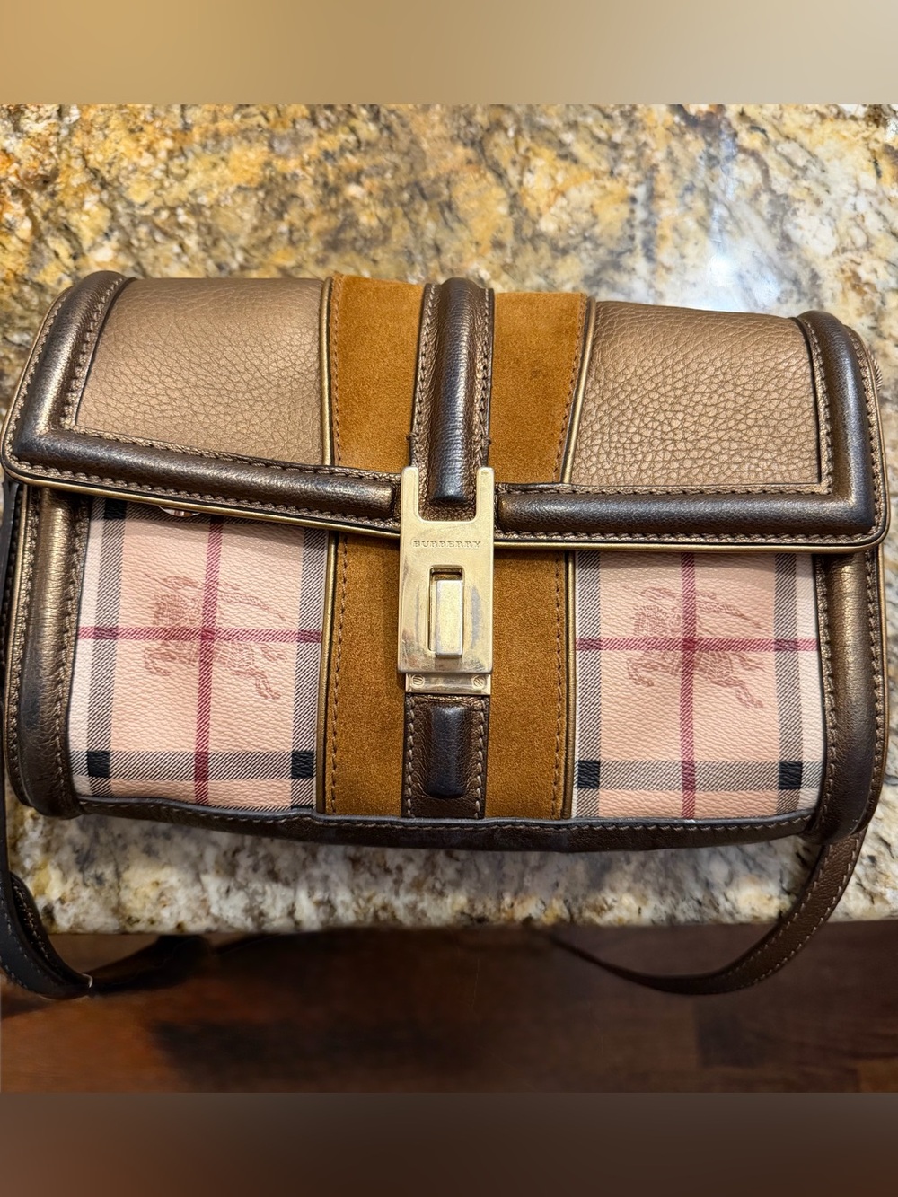 Burberry Crossbody Bag – Brown Metallic Leather & House Check | 10” x 7” x 3”